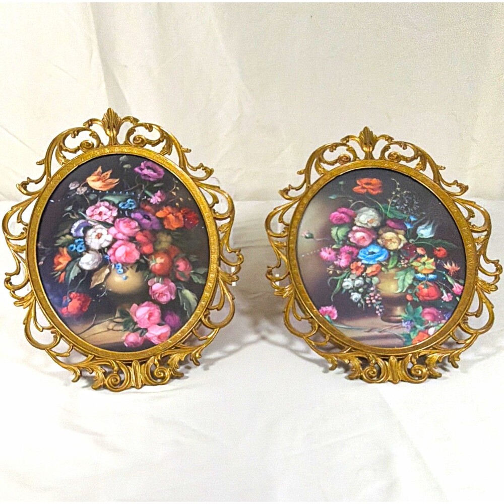 Vintage Ornate Italian Gilt Metal Oval Floral Wall Art Pair Ornate Rococo Frames